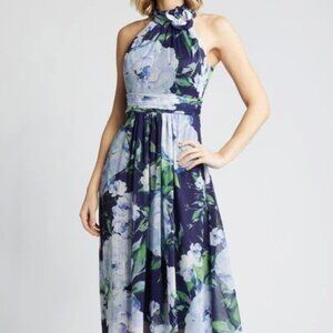 Eliza J Navy Blue Floral Chiffon High-Low Midi Dress